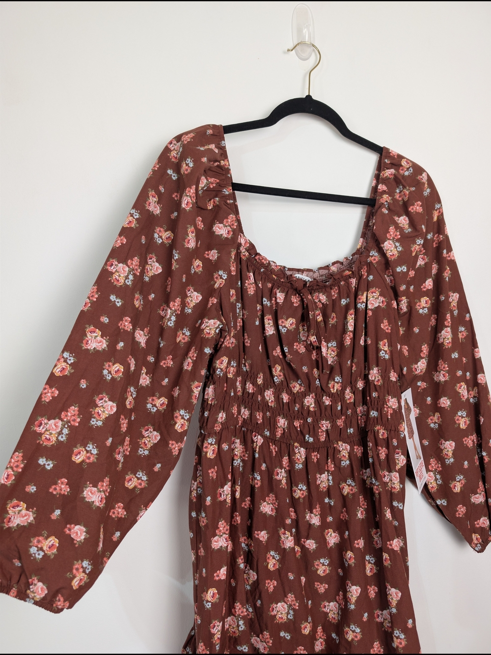 NWT Brown Floral Midi Smocked Dress Cowgirl Western Rodeo Coquette‎ Milkmaid - Picture 5 of 7